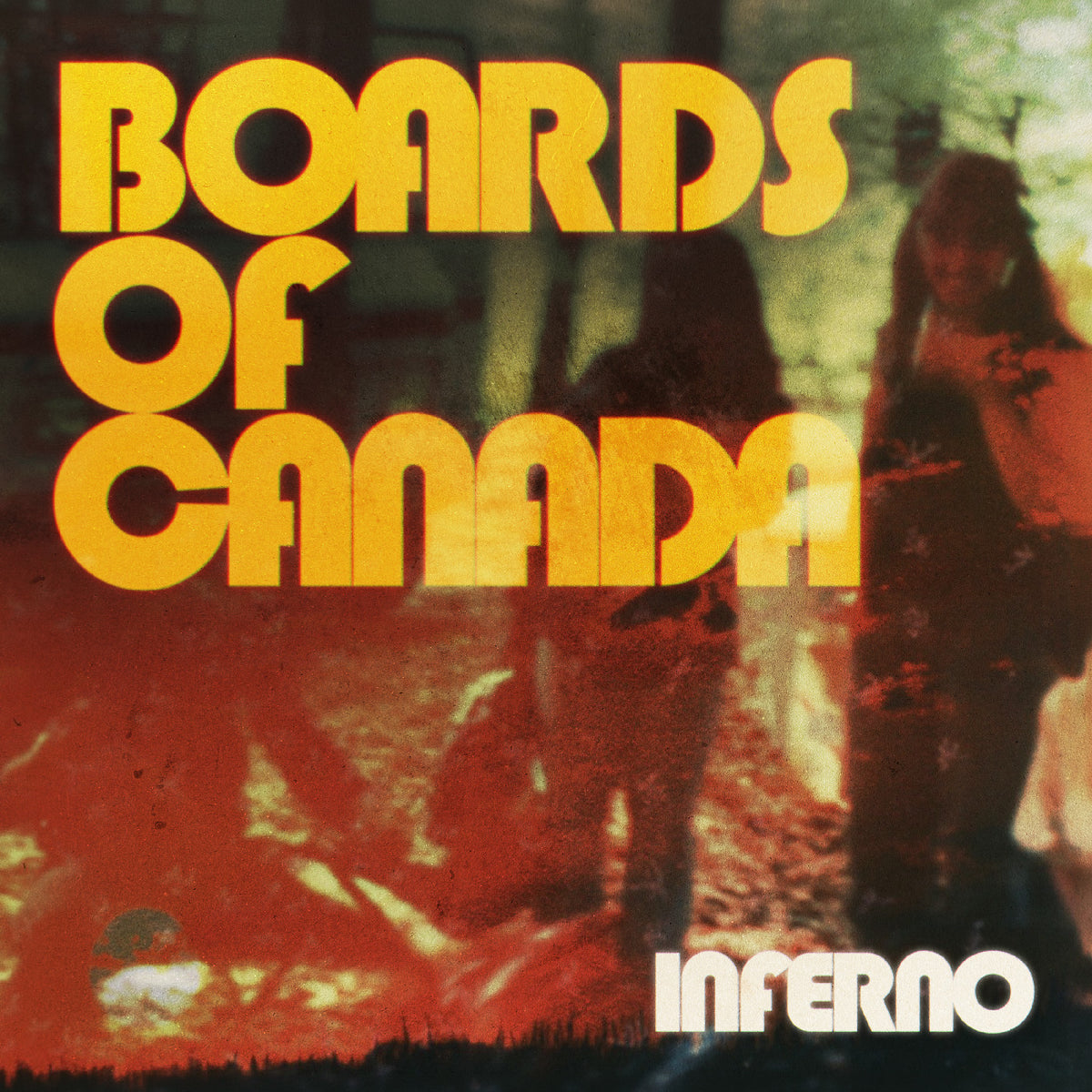 Album cover for Boards of Canada's 'Inferno', featuring large yellow block text over a fiery red and orange background with a blurred figure.