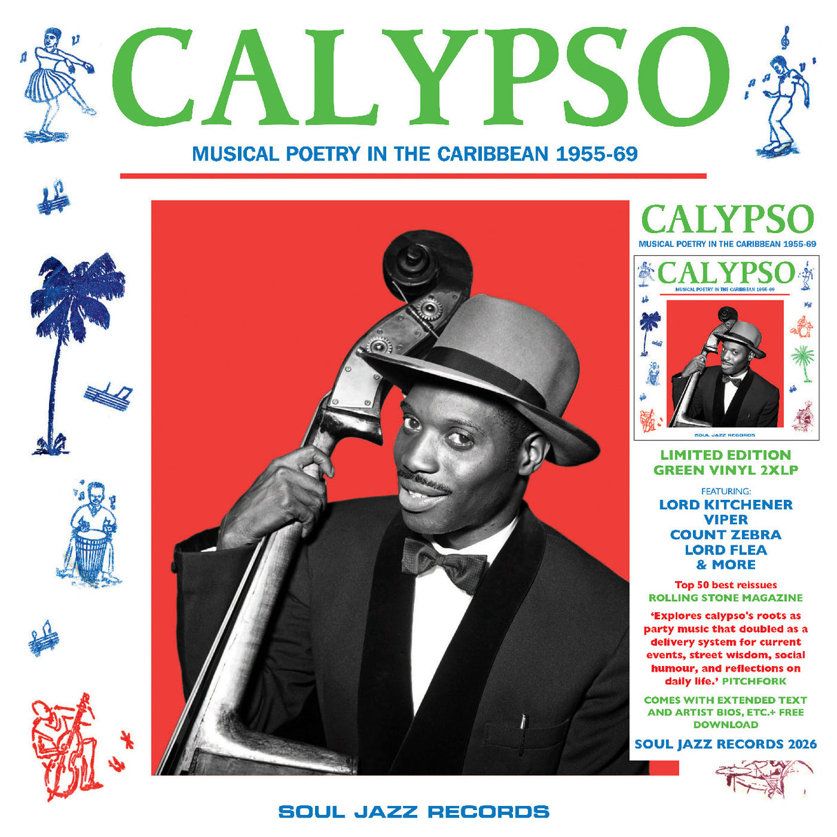 Album cover for 'Calypso: Musical Poetry in the Caribbean 1955-69' featuring a man with a calypso instrument.