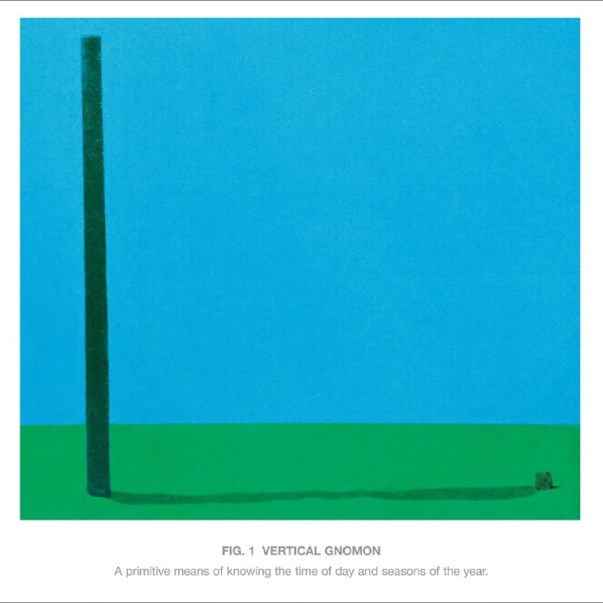 A minimalist art print titled 'FIG. 1 VERTICAL GNOMON' showing a tall dark green vertical post on a bright green ground against a large blue sky, with a small shadow and caption below on a white border.