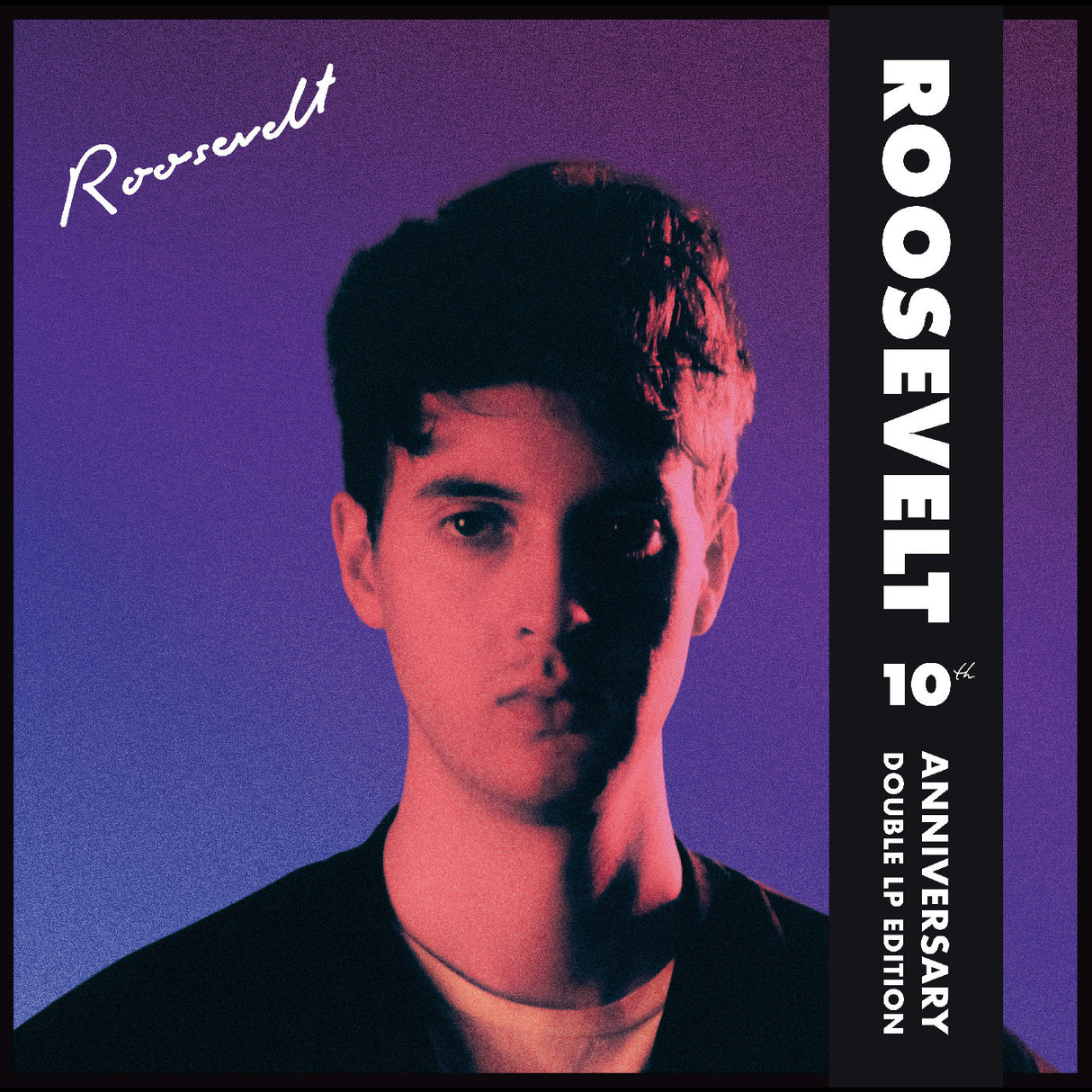 Album cover with a person against a purple gradient background, featuring the word 'Roosevelt' and text about an anniversary edition.