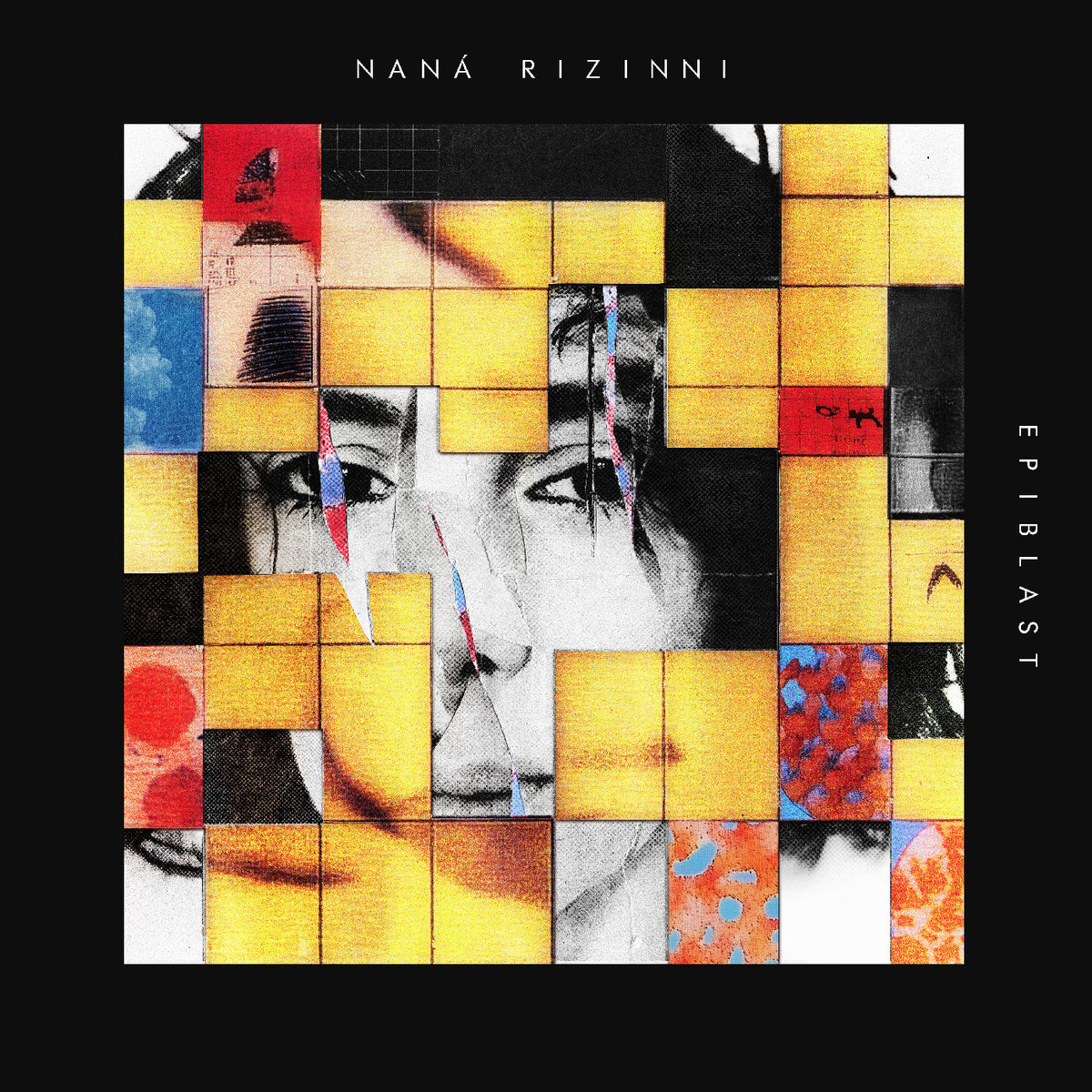 Album cover for 'Epiblast' by Nana Rizinni, featuring a black background with a central collage of yellow, red, blue, and black-and-white square tiles forming a stylized face. The artist's name is printed at the top and the album title on the right side.
