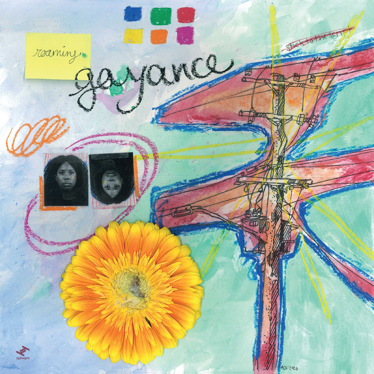 A colorful mixed-media collage artwork featuring the word 'joyance' in black script, a large yellow flower, two small portrait photos, a yellow sticky note reading 'morning', and abstract painted shapes on a light blue background.