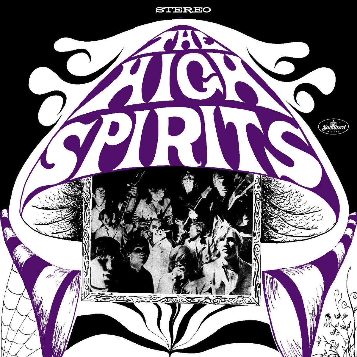 The album cover for 'Mogul Spirit' by Jim Morrison's band, featuring a stylized purple and white mushroom graphic with a black-and-white photograph of the band members inside. The text 'Mogul Spirit' is written in a bold psychedelic font, with 'STEREO' at the top and a 'Crown Records' logo on the right.