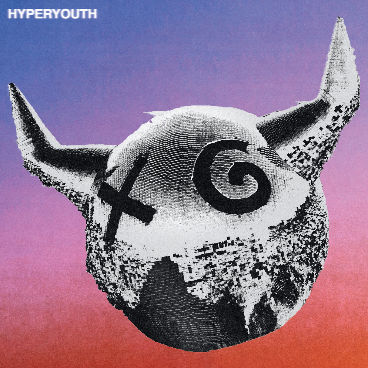Album cover with a stylized face with horns and a 'X' over one eye, on a gradient background with 'HYPERYOUTH' at the top.