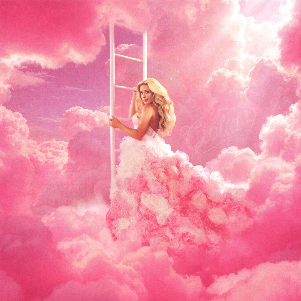 Woman in a white dress standing on pink clouds with a ladder