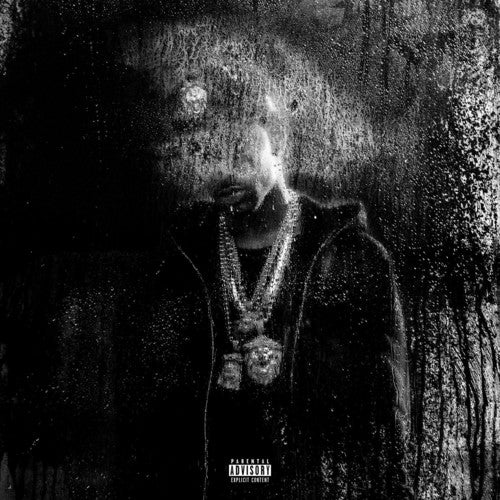 Album cover with a person wearing a dark outfit and multiple necklaces, with a textured black and white background.