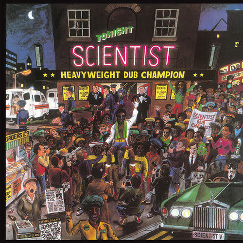 Album cover for Scientist - Heavyweight Dub Champion featuring a cartoonish illustration of a crowd of people outside a building at night with a 'Scientist' neon sign, and a man in a lab coat holding a microphone.