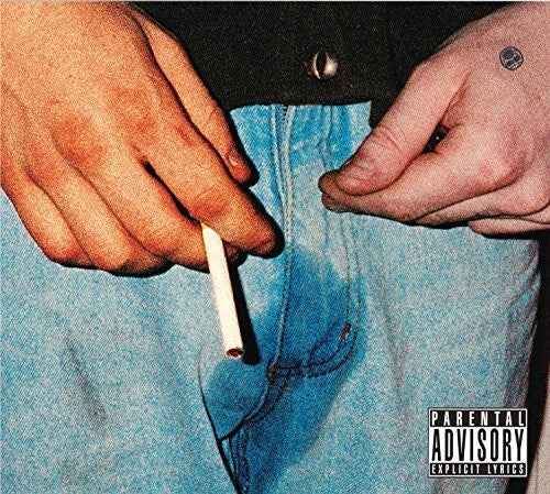 Album cover with hands lighting a cigarette against a blue denim background, featuring a 'Parental Advisory' label.