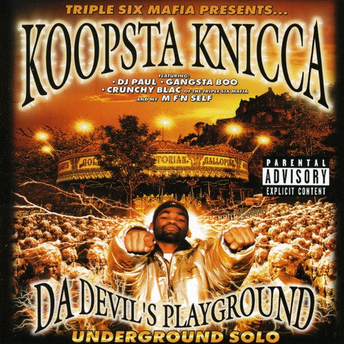CD cover art for Koopsta Knicca's album 'Da Devil's Playground' featuring a man in a gold jacket posing with one hand extended, against an orange and yellow background with text and branding.