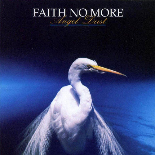 Album cover featuring a white bird, possibly a heron, in flight with a dark background. The text reads 'Faith No More Angel Dust'.