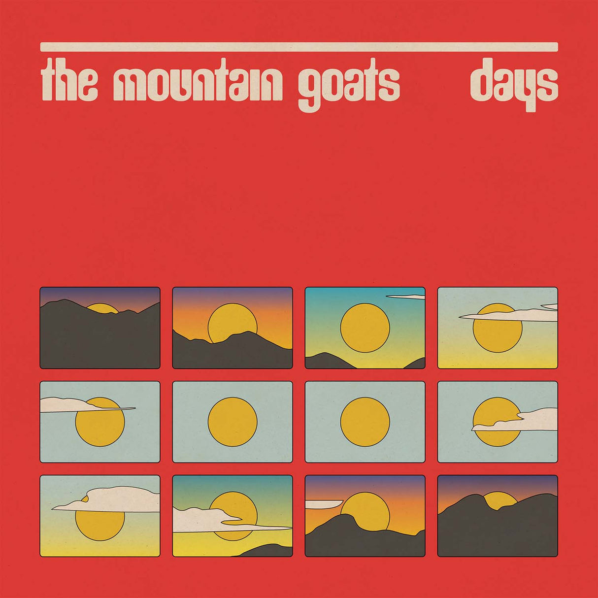 Album cover for 'days' by The Mountain Goats with sun and mountain graphics on a red background.