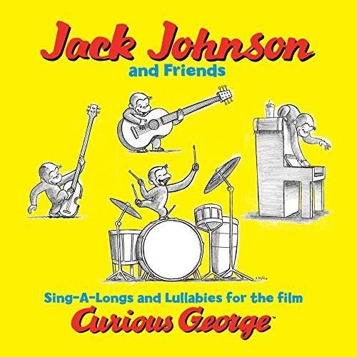 Album cover for 'Jack Johnson and Friends' featuring illustrations of characters playing instruments on a yellow background.