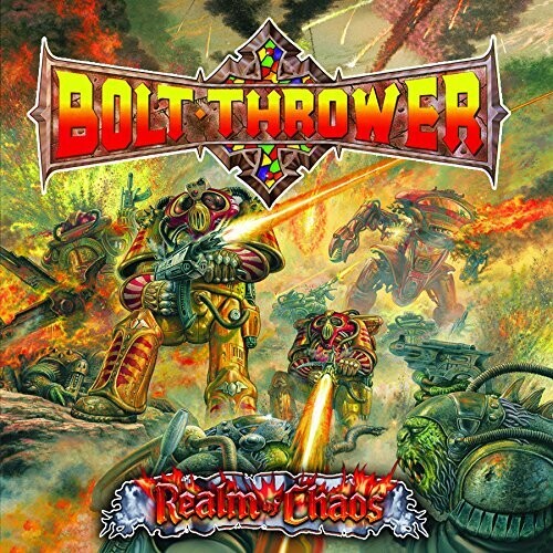 Album cover for 'Bolt Thrower' featuring mechanical creatures and fiery background