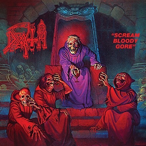 Album cover for 'Scream Bloody Gore' by Death featuring a central figure in a purple robe with two kneeling figures in red robes.