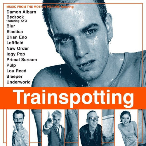 Album cover for 'Trainspotting' featuring a close-up of a person with a red text bar and smaller images of other people below.