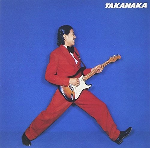 Person in a red suit playing an electric guitar on a blue background with 'Takanaka' branding.