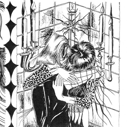 Black and white illustration of two people embracing in front of a window with candles.