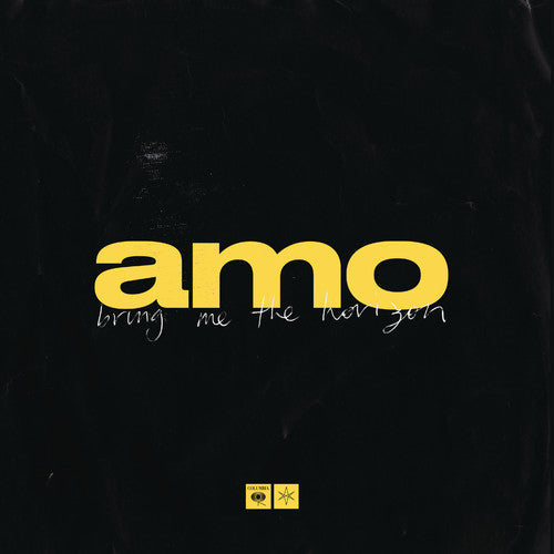 This image features the album cover for "Bring Me The Horizon - AMO LP". The cover is dominated by a dark, textured background with a prominent yellow 'amo' logo in white letters, which stands out against the darker text.