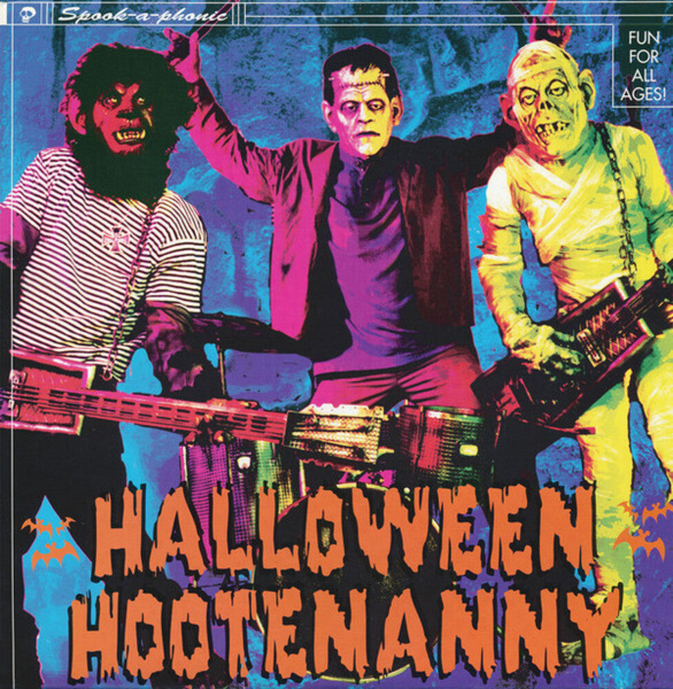 Three characters from a horror movie with instruments on a colorful background, labeled 'Halloween Hootenanny'.