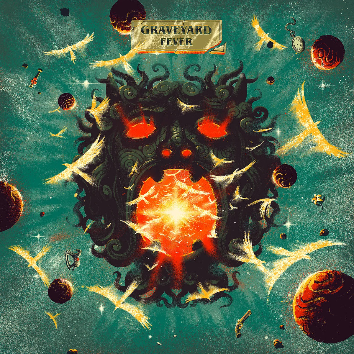 Album cover for 'Graveyard Fever' with a central fiery design and celestial elements.