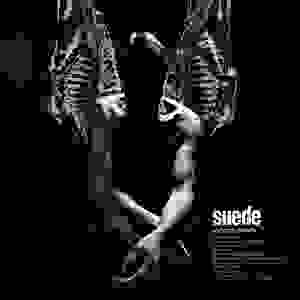 Black and white advertisement for Suede featuring a skeleton holding an electric guitar.