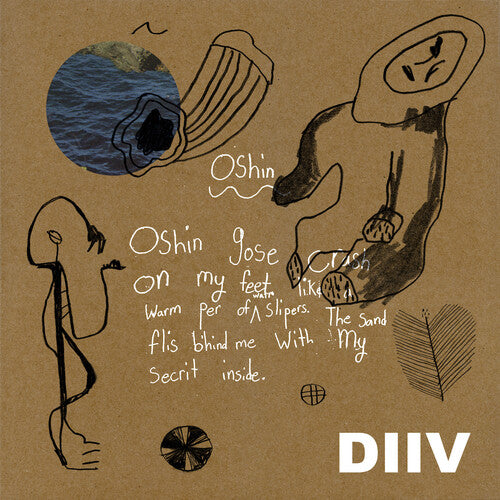 Artistic illustration with text and abstract shapes on a brown background, featuring the band DIIV.