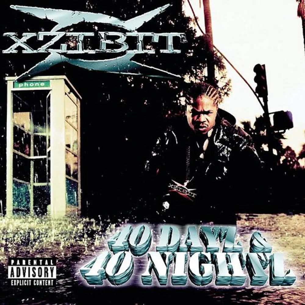 XZBIT's '40 Days & 40 Nights' album cover art, featuring a man in a leather jacket in front of a phone booth, with the artist's name and album title in stylized metallic text.