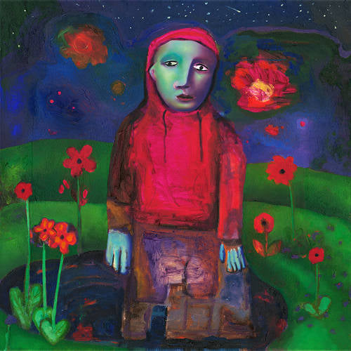 Colorful painting of a figure in a red outfit with flowers and a starry night sky.