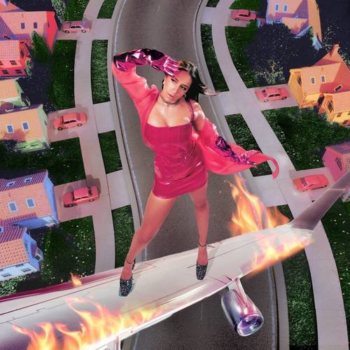 Album cover art featuring a person in a red dress with a cityscape background, with elements of flames and movement.