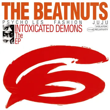 Record cover for The Beatnuts' Intoxicated Demons EP featuring red and white text on a black background with a stylized graphic of a letter 'S'.