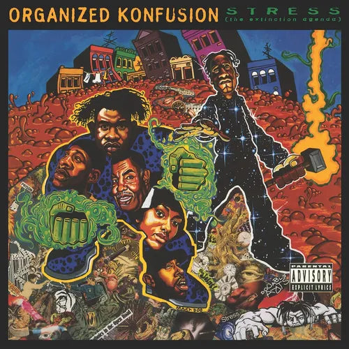 Album cover for Organized Konfusion - Stress: The Extinction Agenda featuring illustrations of two men and a woman with a cityscape background, along with the text '3LP' and the band's name.