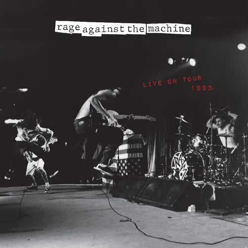 Black and white image of a band performing on stage with 'Rage Against the Machine' text.