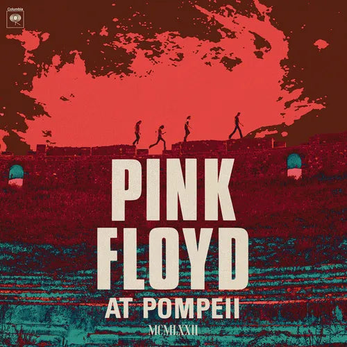 Cover art for Pink Floyd at Pompeii - MCMLXXII featuring a stylized version of the album with the band's name and the location 'Pompeii' prominently displayed against a red and blue backdrop with silhouettes of people in the foreground.