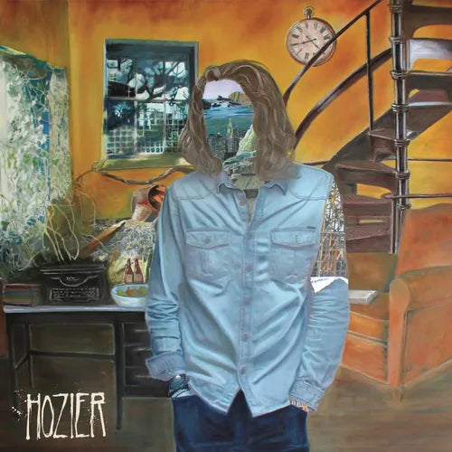 An album cover featuring a painting of a person wearing a denim shirt, with a clock and custard-colored walls in the background. The name 'HOZIER' is visible at the bottom.