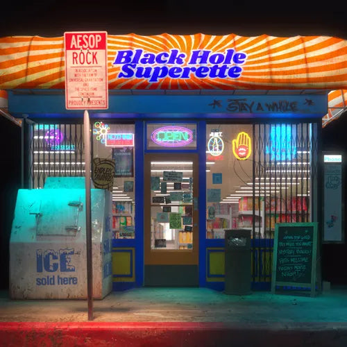 Neon-lit store front with colorful awning and signage, including 'Black Hole Superette' and 'AESOP ROCK'.
