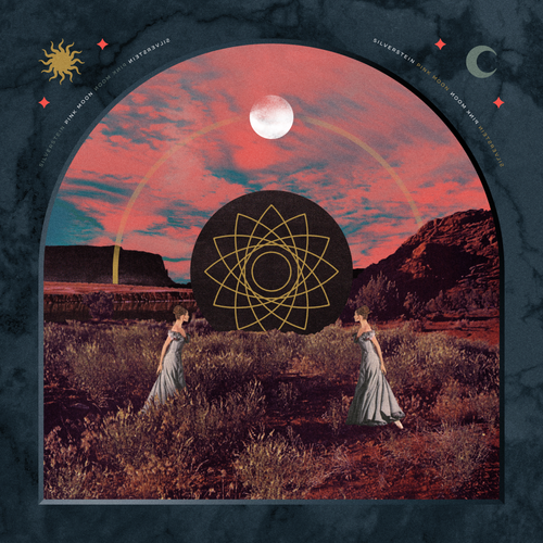 Two people in a desert landscape with a large geometric symbol and celestial elements.