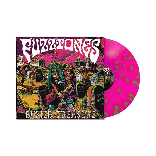 Vinyl record with colorful cover featuring a skeleton and tombstones, titled 'Buried Treasure' by The Buzzcocks.