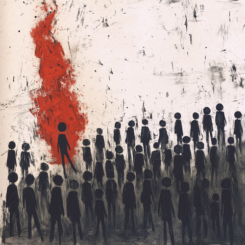Artistic depiction of a red figure standing out from a crowd of black figures on a textured background