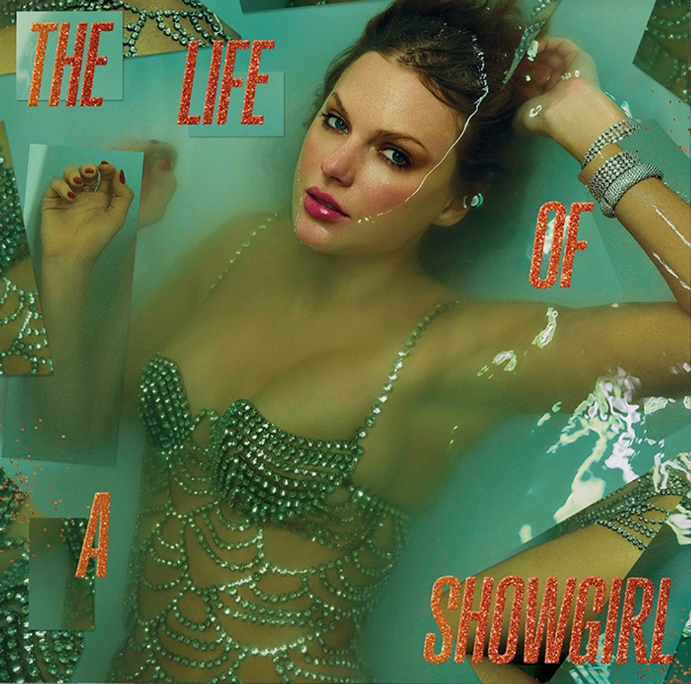 Album cover with a woman in a sparkling green dress against a teal background, featuring text 'The Life of a Showgirl'.