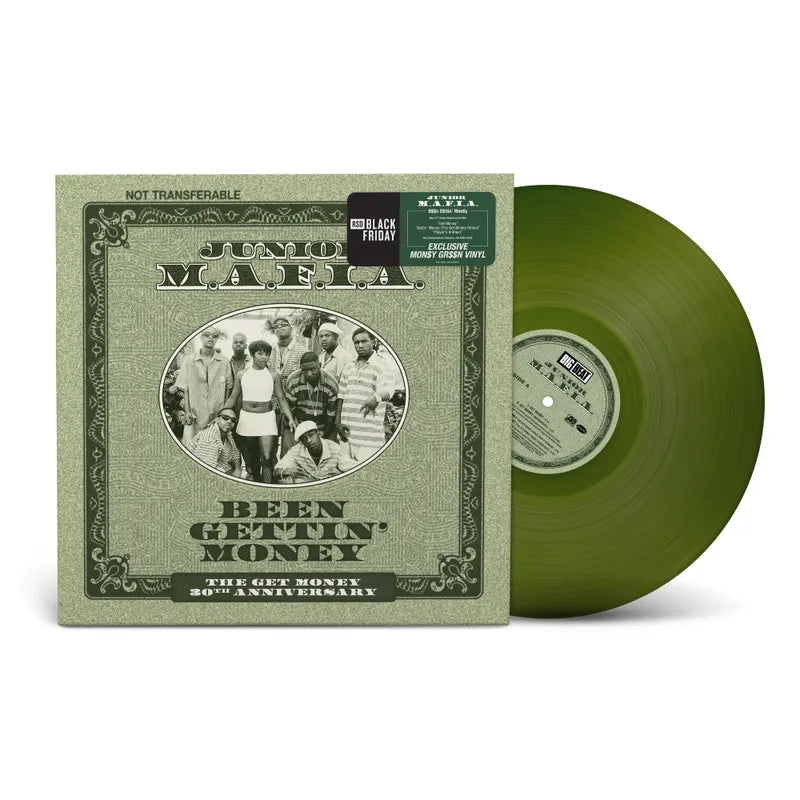 Green vinyl record with its cover featuring a group of people on a white background