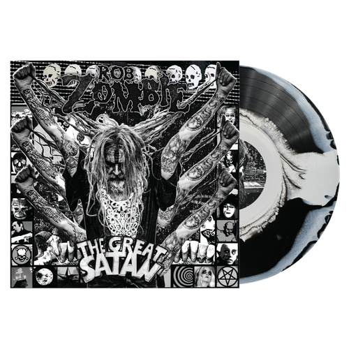 Vinyl record with cover featuring a black and white design of a person with tattoos and text.