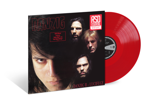 Red vinyl record with 'Danzig' album cover featuring band members on a white background