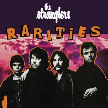 Album cover for 'Rarities' by The Stranglers with band members and a pink and purple cloud background.