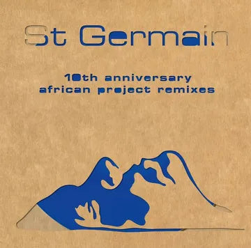 Album cover for St Germain 10th anniversary African Project remixes with blue text and silhouette on brown background