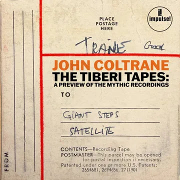 Album cover for John Coltrane's 'The Tiberi Tapes' with vintage design elements.