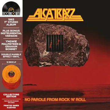 Album cover for Alcatrazz's 'No Parole From Rock 'N' Roll' with a rock formation and vinyl record design.