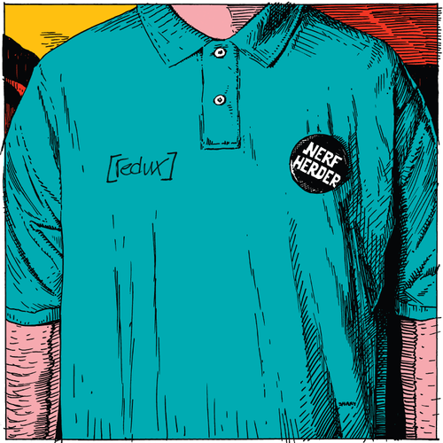 Teal polo shirt with 'Redux' logo and 'Nerf Herder' button on a colorful background