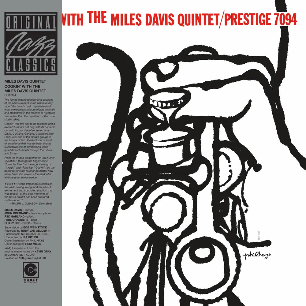 Album cover with abstract design and text about Miles Davis Quintet on a white background