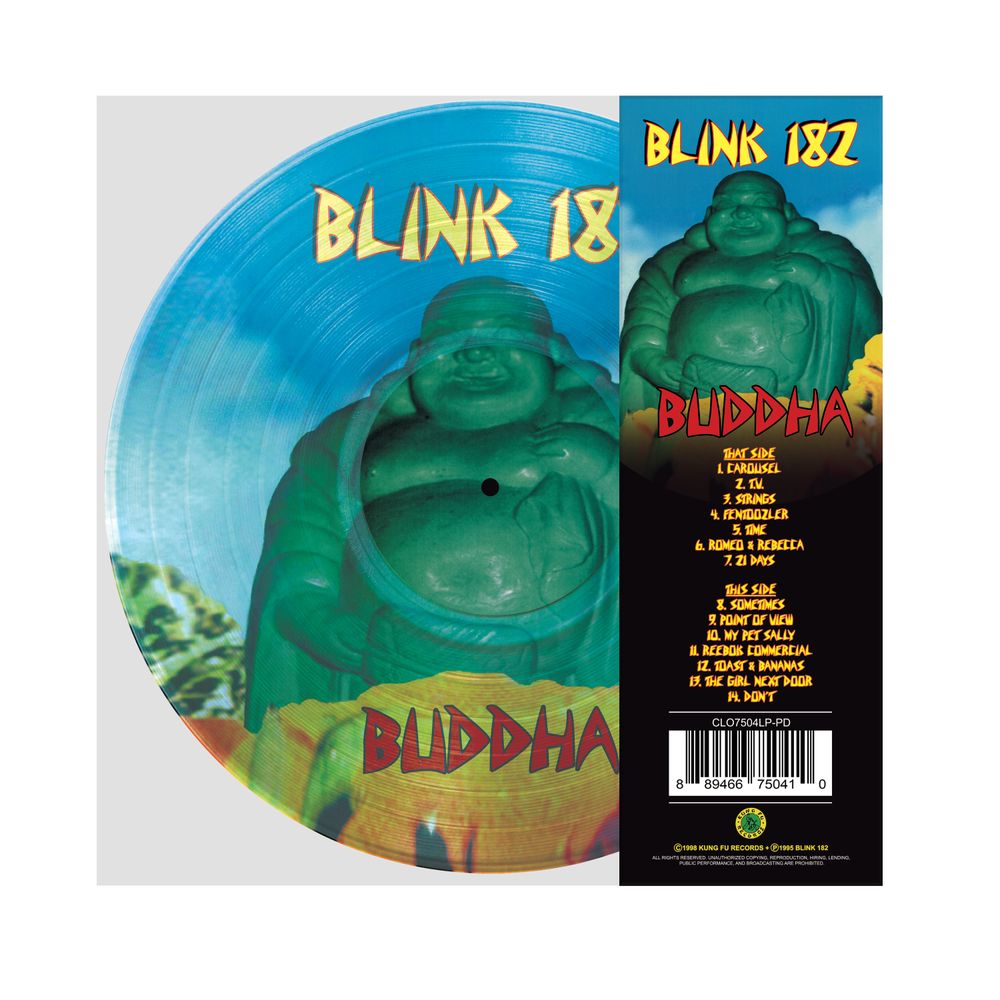 Blink 182 'Buddha' 12-inch vinyl record shown with its outer sleeve and inner paper sleeve. The vinyl disc features a translucent blue color with a green Laughing Buddha graphic and yellow 'BLINK 182' text.