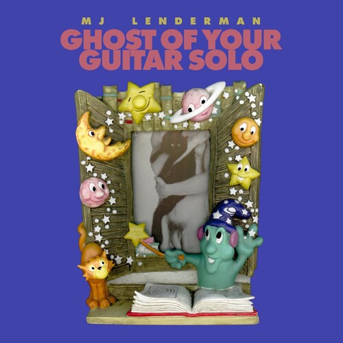 Record cover with a playful and colorful illustration featuring an animated character with a guitar, stars, and a speaker, representing the artist and album title 'MJ Lenderman - Ghost Of Your Guitar Solo'.